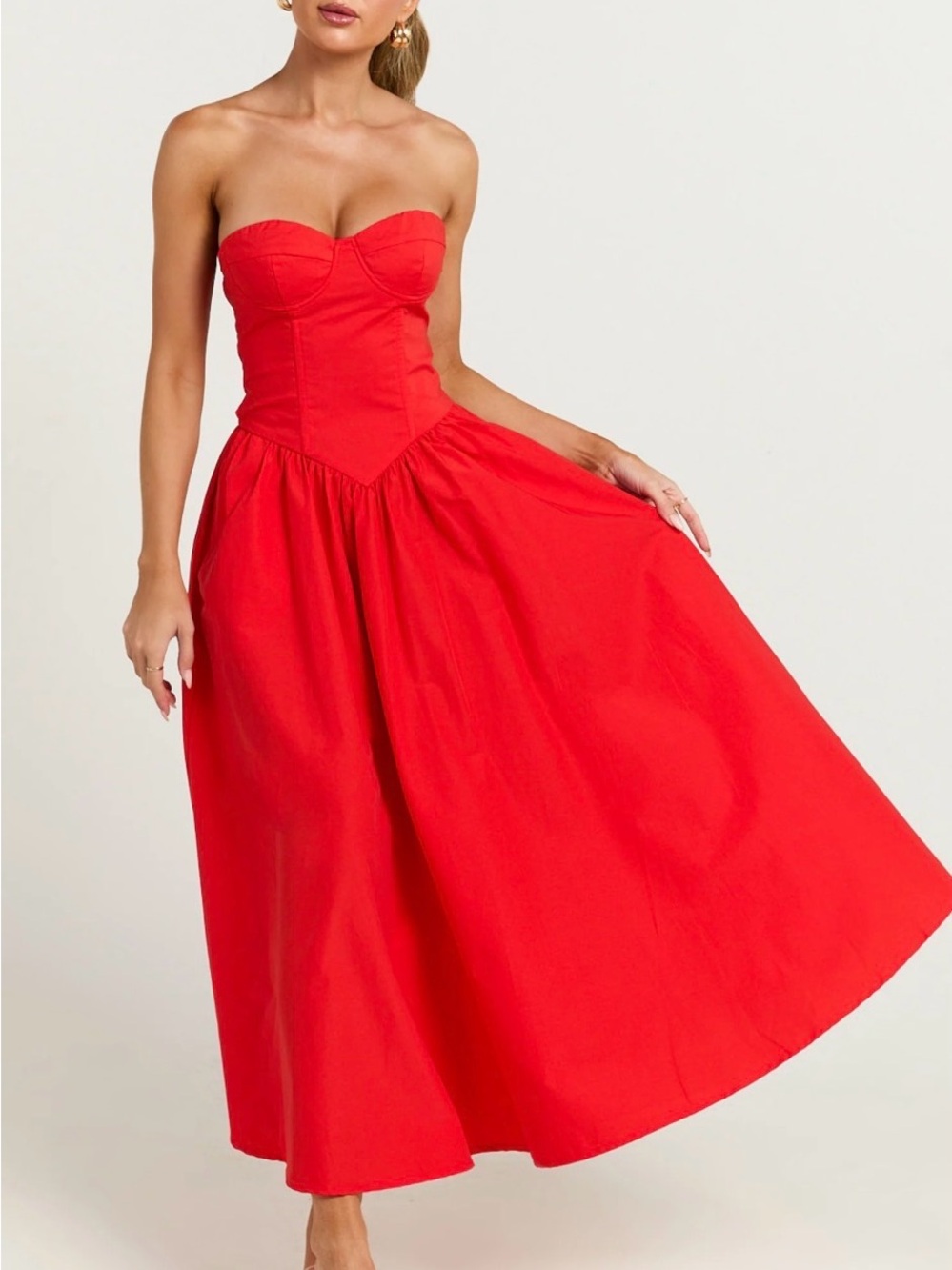 Showpo Bold Red Strapless Midi Dress with Fitted Corset
